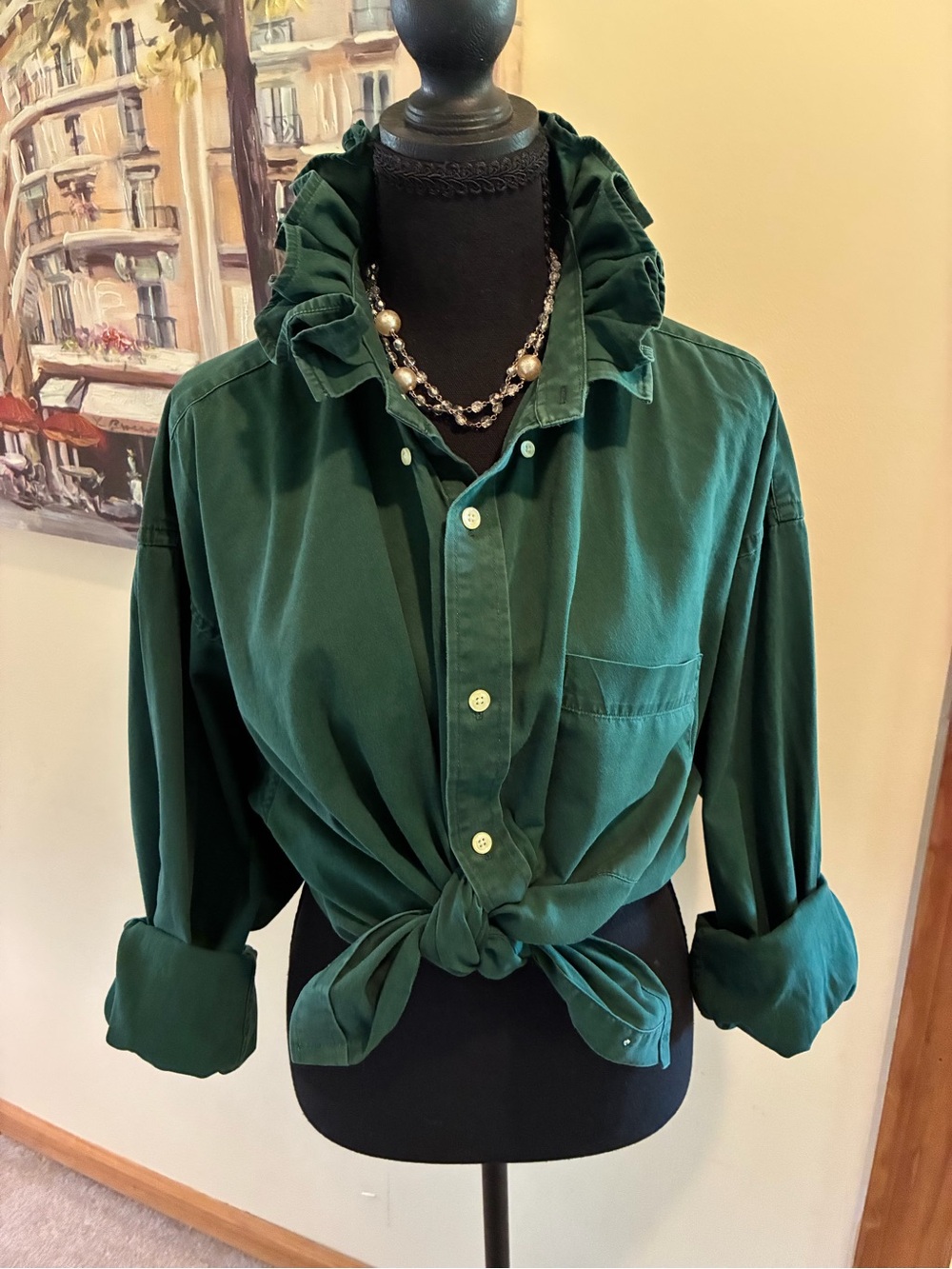 Ruffled-Collar Button-Down Shirt in Deep Green